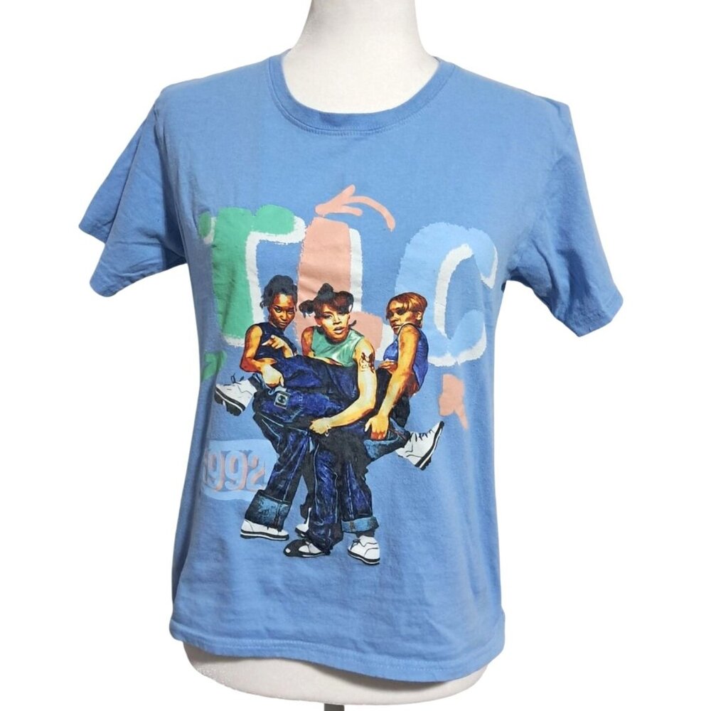 TLC 1992 Blue Graphic T-Shirt Featuring Iconic Trio Design Womens S 100% Cotton